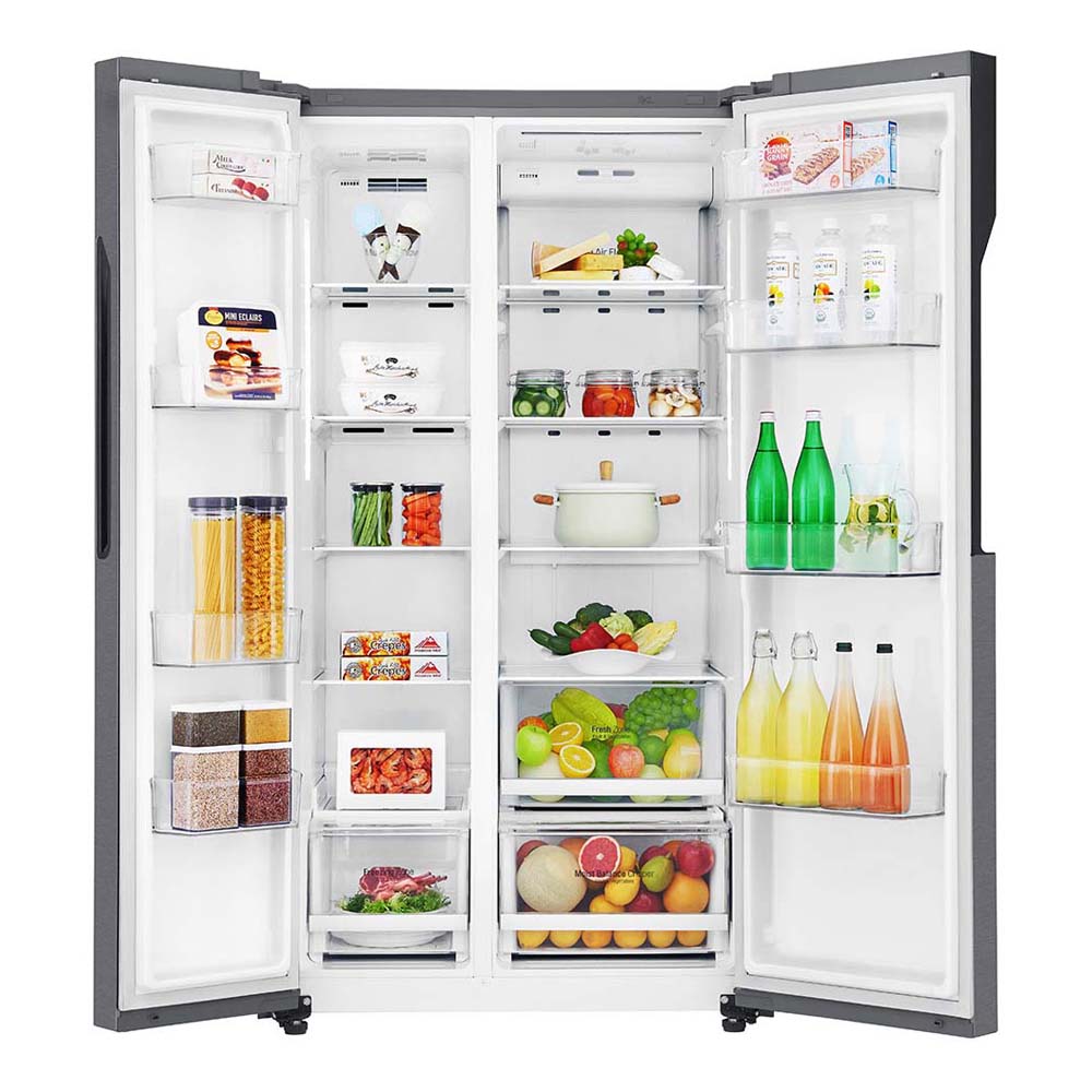 LG 679L Side By Side Fridge Dark Graphite GS-B680DSLE, Front view with open doors, a view full of food items, and bottles