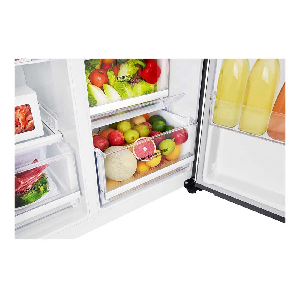 LG 679L Side By Side Fridge Dark Graphite GS-B680DSLE, Vegetable crisper drawer view full of fruits and vegetables