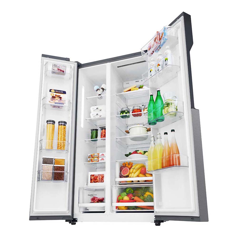 LG 679L Side By Side Fridge Dark Graphite GS-B680DSLE, Front left view with open doors, a view full of food items, and bottles