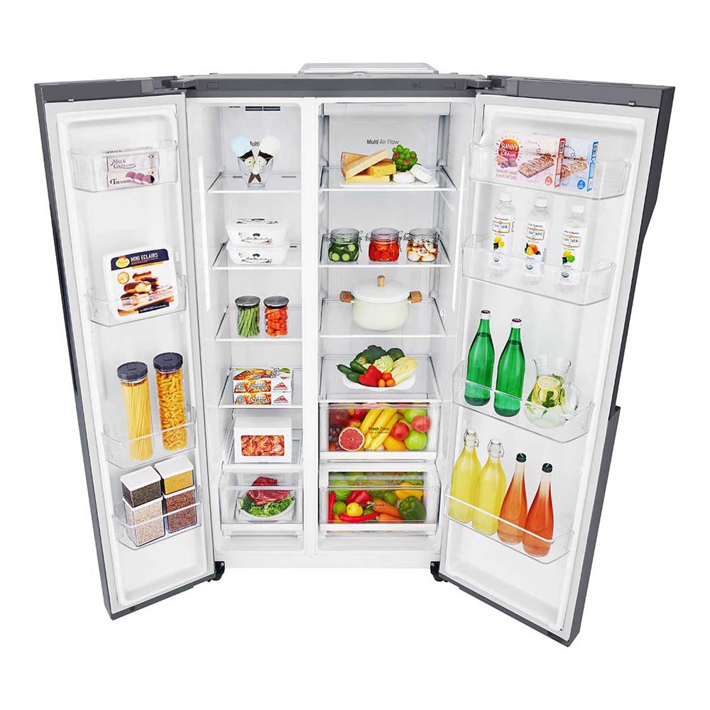 LG 679L Side By Side Fridge Dark Graphite GS-B680DSLE, Front top view with open doors, a view full of food items, and bottles