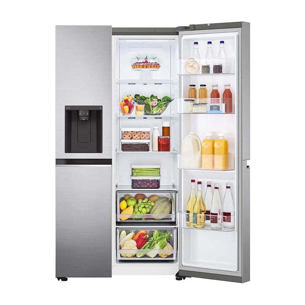 LG 635L Side By Side Fridge Stainless Steel GS-L635PL, Front view with one side door open, full of food items and bottles