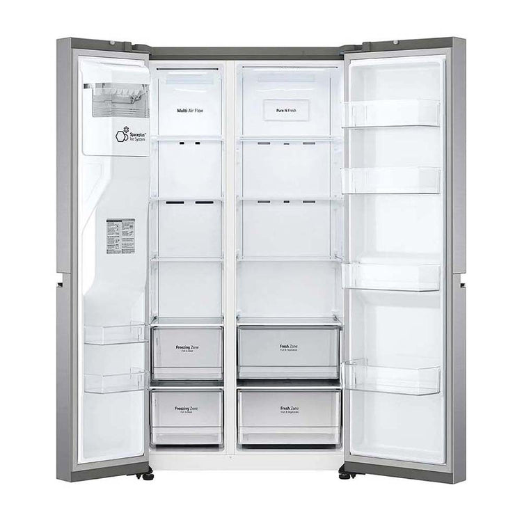 LG 635L Side By Side Fridge Stainless Steel GS-L635PL, Front view with doors open