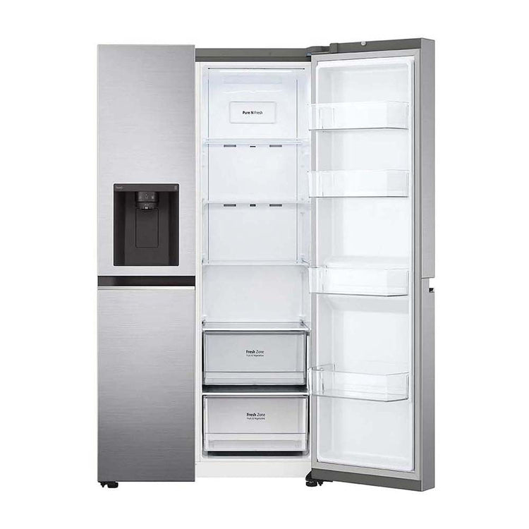 LG 635L Side By Side Fridge Stainless Steel GS-L635PL, Front view with one side door open