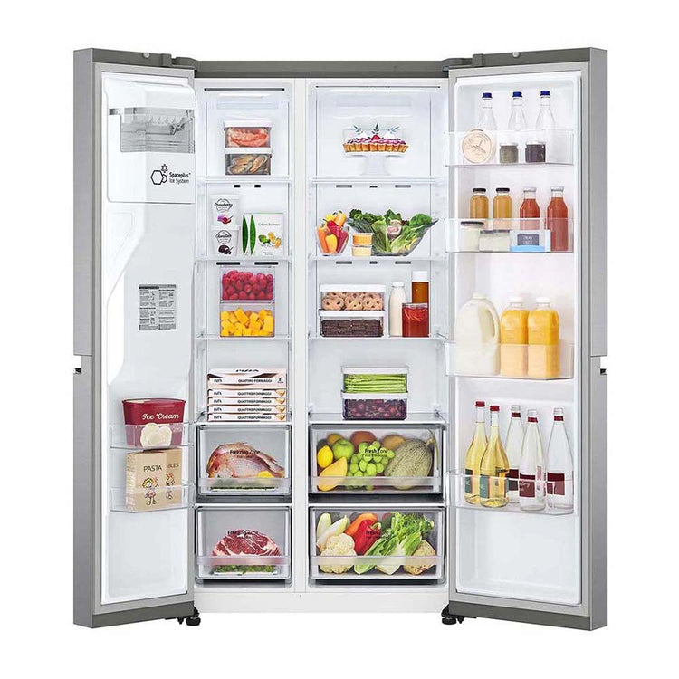 LG 635L Side By Side Fridge Stainless Steel GS-L635PL, Front view with doors open, full of food items and bottles