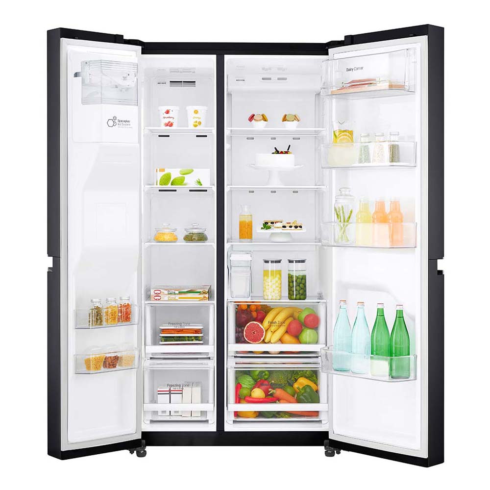LG 668L Side By Side Fridge Stainless Steel GS-L668MBNL, Front view with open doors, full of food items, and bottles
