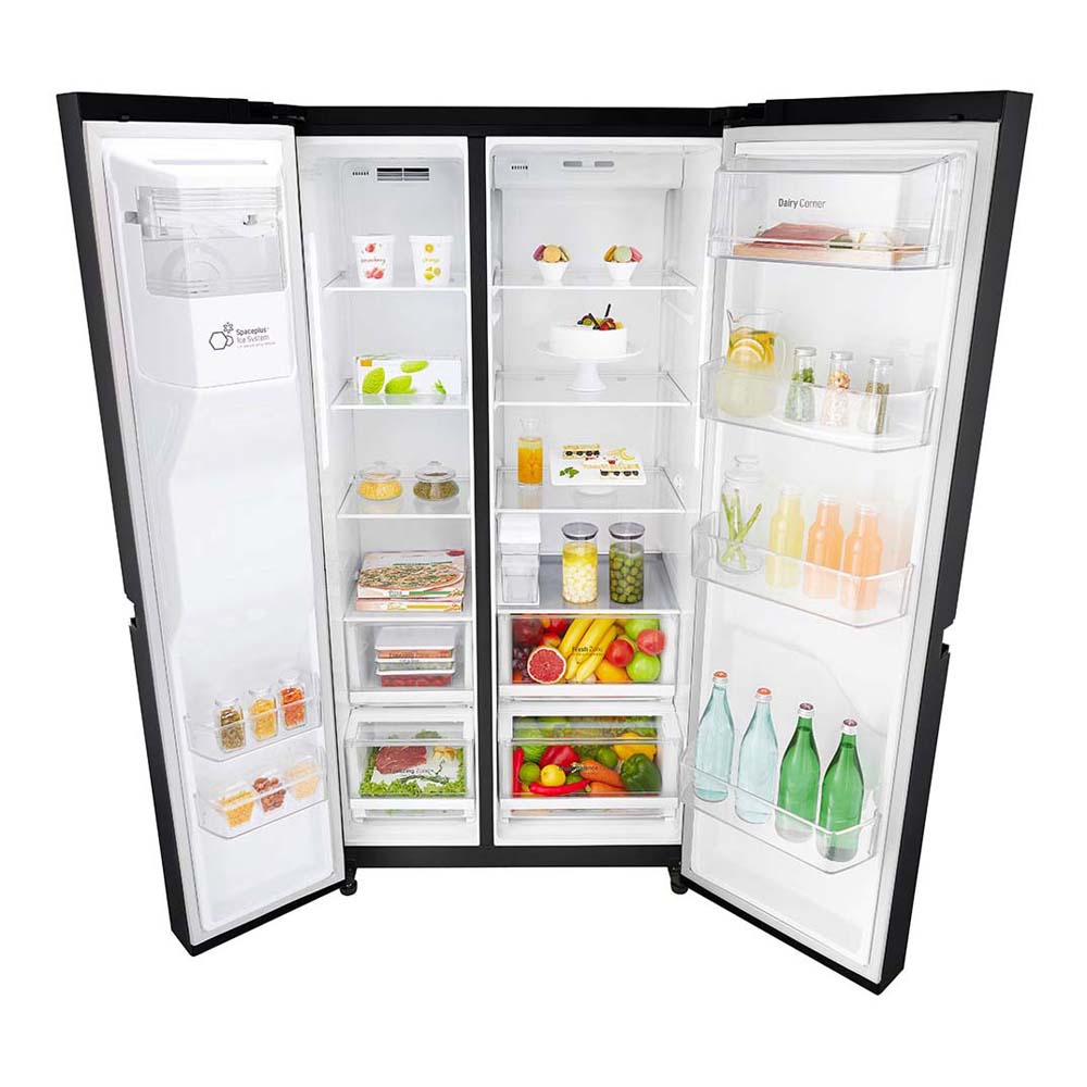 LG 668L Side By Side Fridge Stainless Steel GS-L668MBNL, Front top view with open doors, full of food items, and bottles