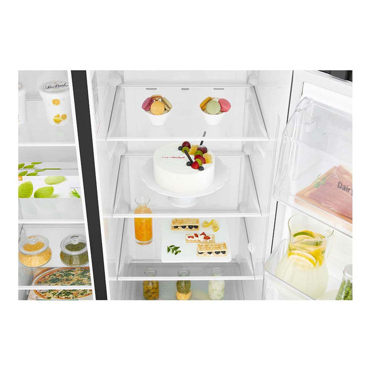 LG 668L Side By Side Fridge Stainless Steel GS-L668MBNL, Glass shelf view, full of food items