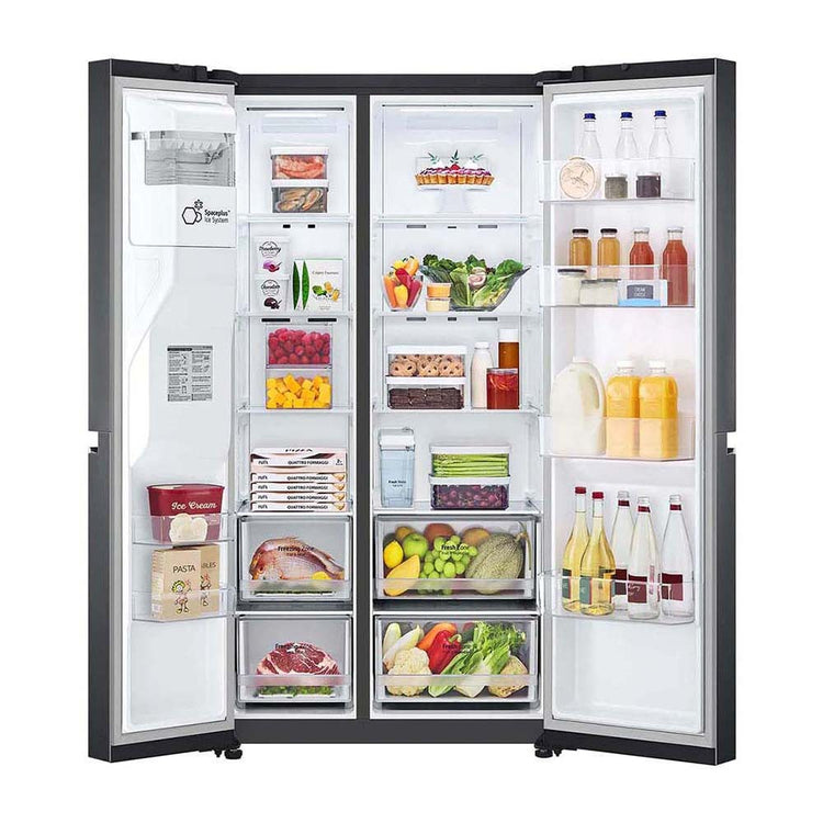 LG 635L Side by Side Fridge Matte Black GS-N635MBL, Front view with both door open, a view full of food items, and bottles