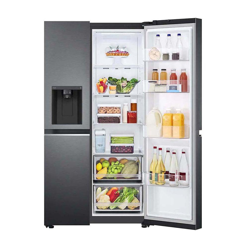 LG 635L Side by Side Fridge Matte Black GS-N635MBL, Front view with single door open, a view full of food items, and bottles