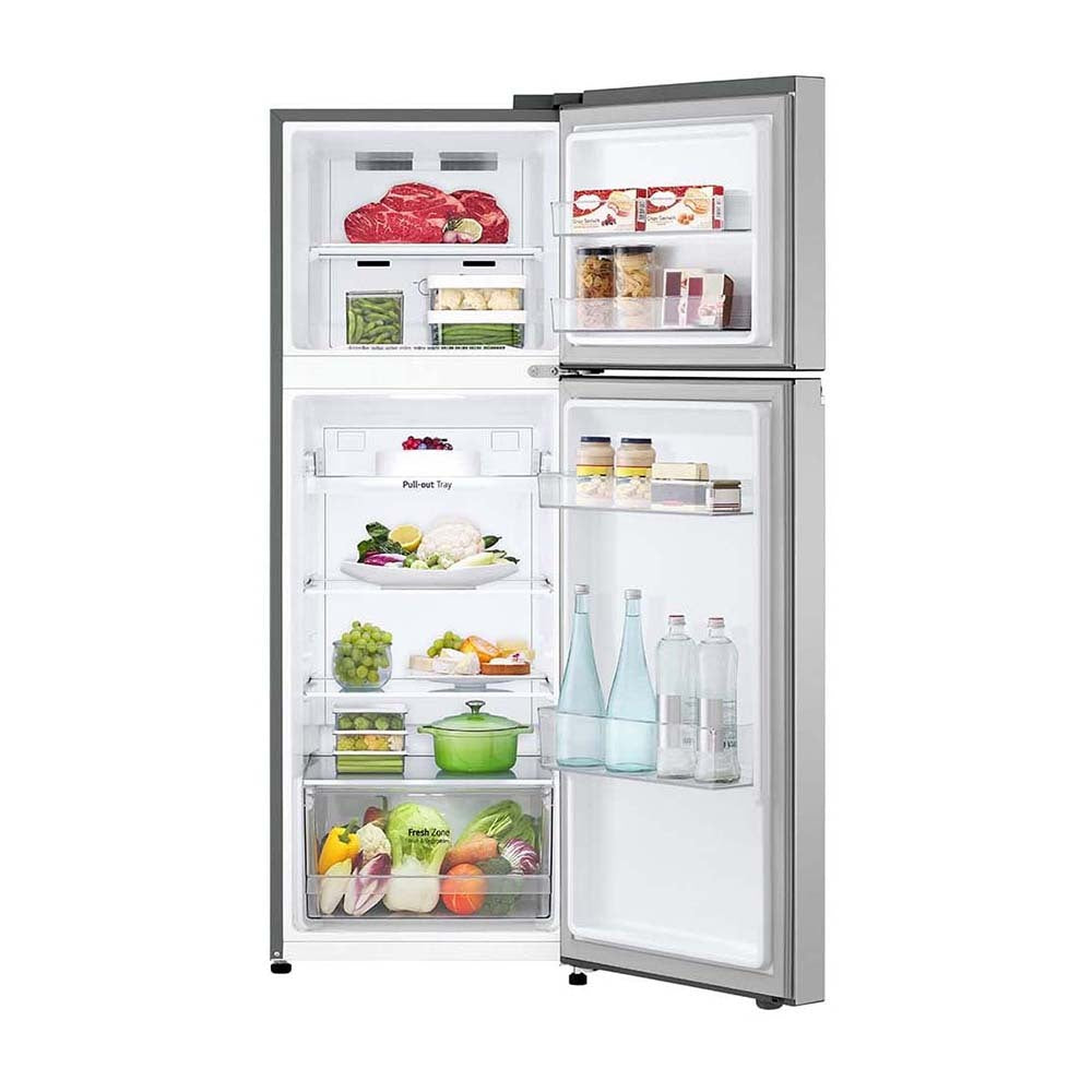 LG 243L Top Mount Fridge Stainless Steel GT-1S, Front view with open doors, a view full of food items, and bottles