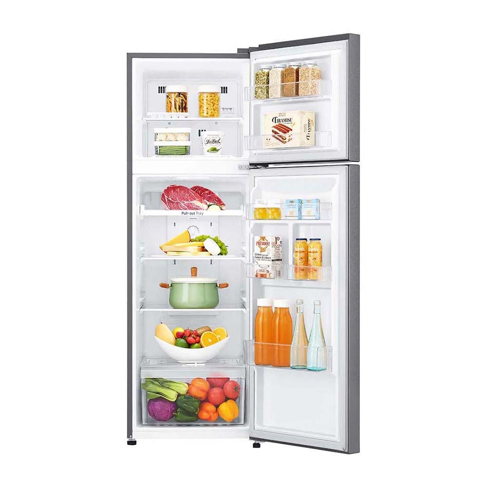 LG 254L Top Mount Fridge GT-279BPL, Front view with open doors, full of food items, and bottles