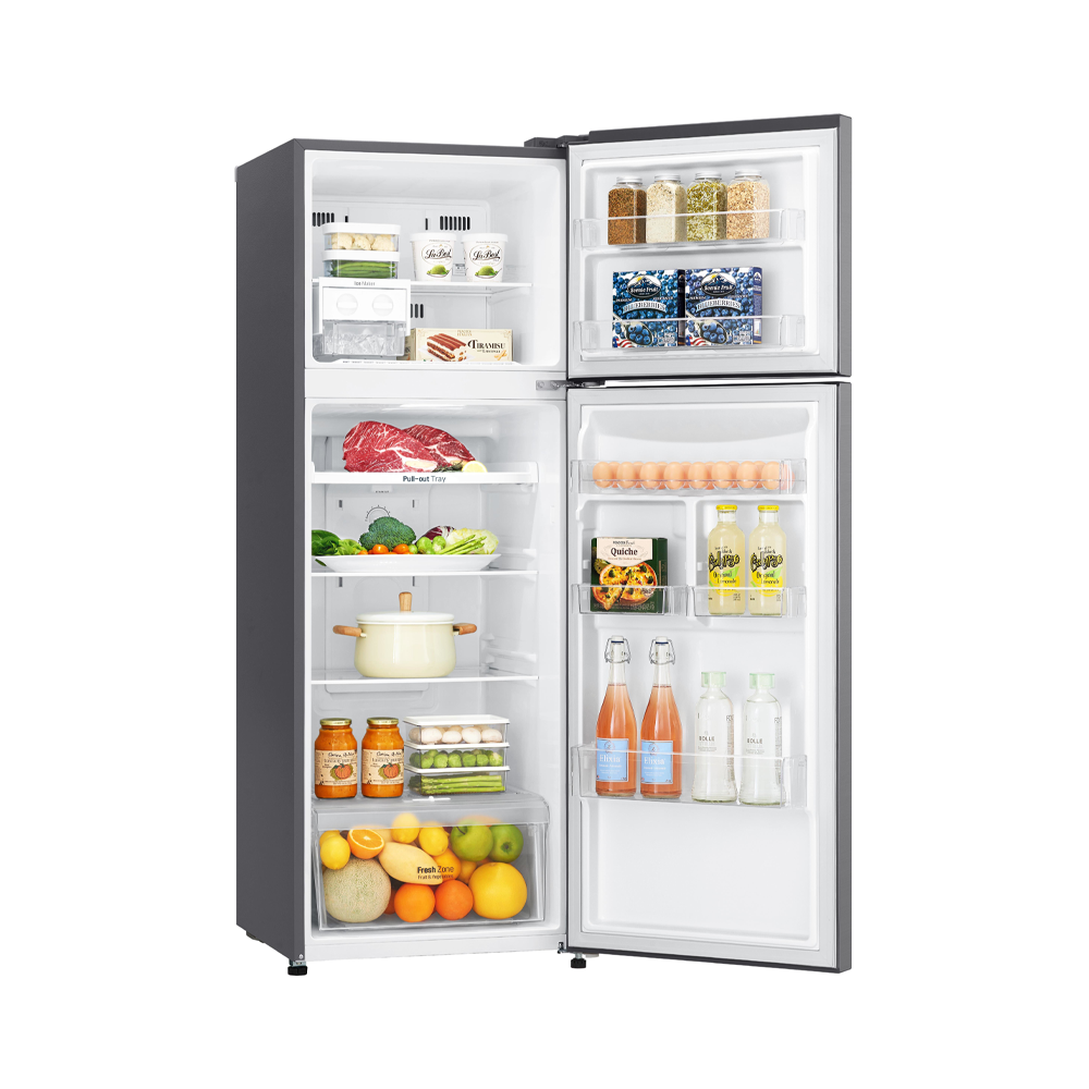 LG 332L Top Mount Fridge GT-332SDC, Front right view with doors open, contains food items and bottles