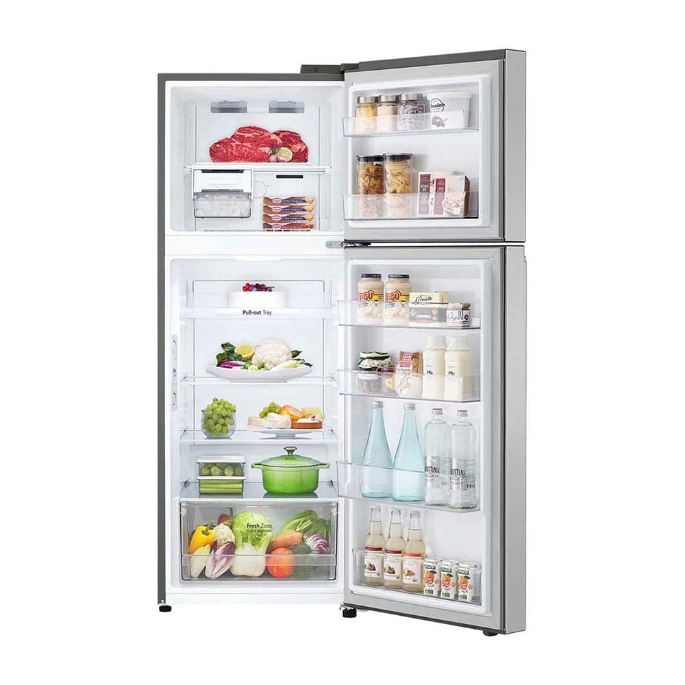 LG 315L Top Mount Fridge Stainless Steel GT-3S, Front view with open doors, a view full of food items, and bottles