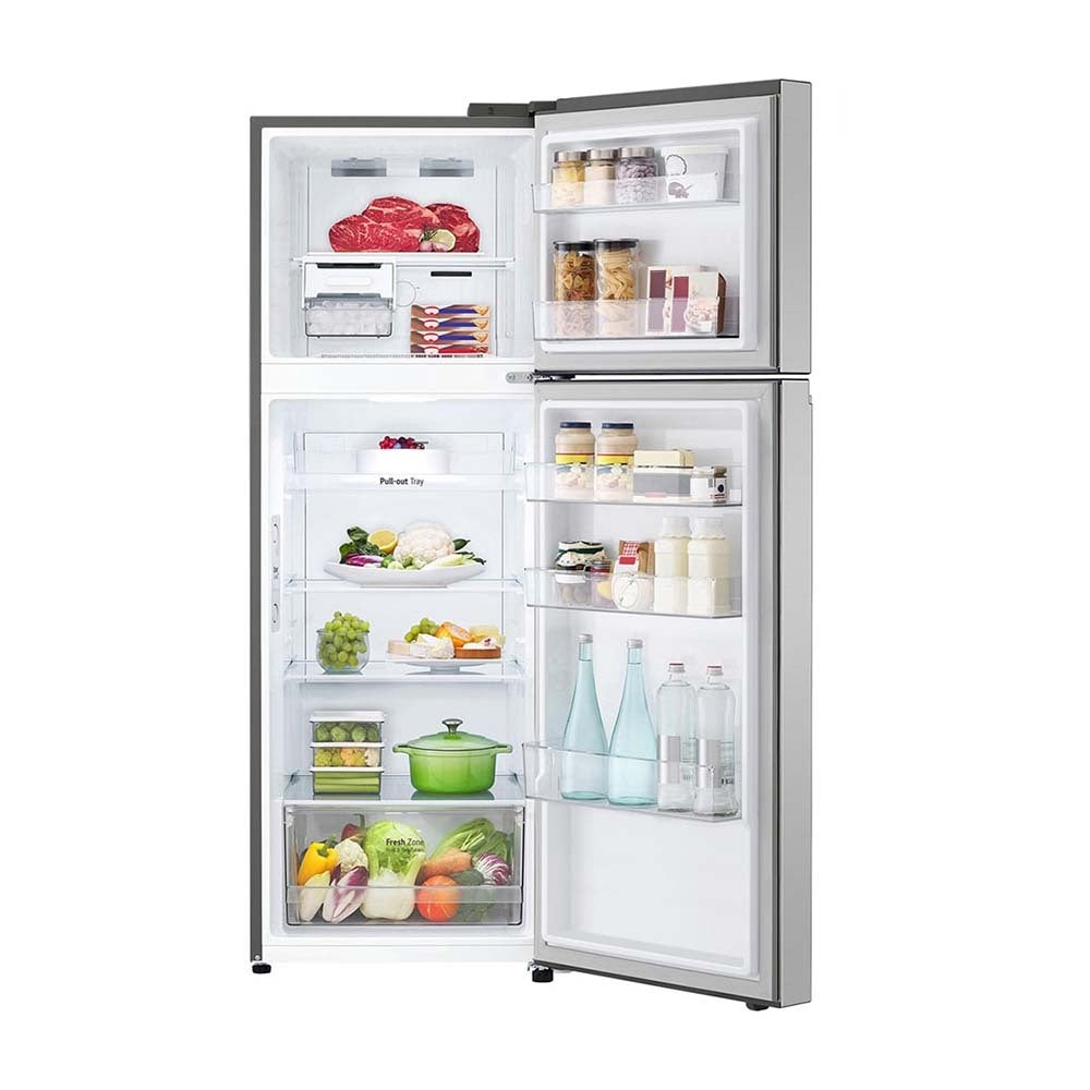 LG 335L Top Mount Fridge Stainless Steel GT-4S, Front view with open doors, a view full of food items, and bottles