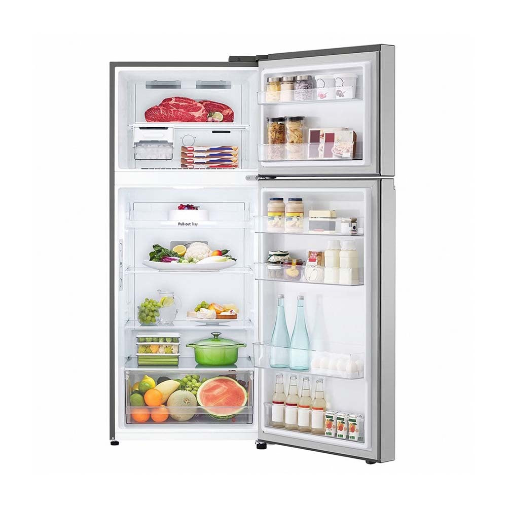 LG 375L Top Mount Fridge Stainless Steel GT-5S, Front view with open doors, a view full of food items, and bottles