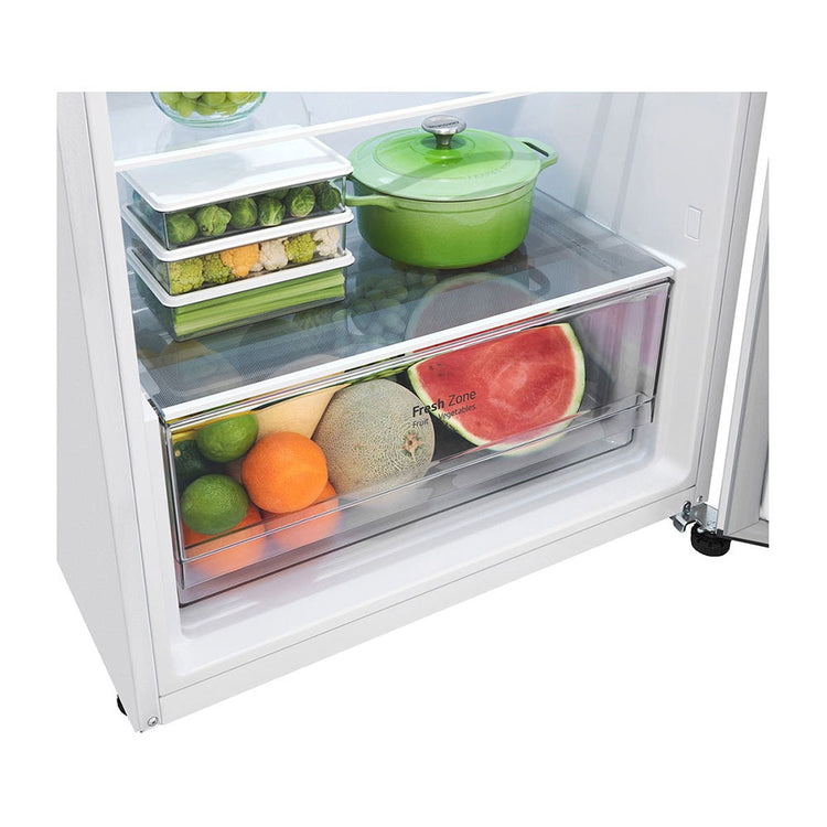 LG 375L Top Mount Fridge White GT-5W, Glass shelf and vegetable crisper drawer view 