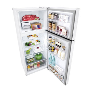 LG 375L Top Mount Fridge White GT-5W, Front top view with open doors, a view full of food items, and bottles