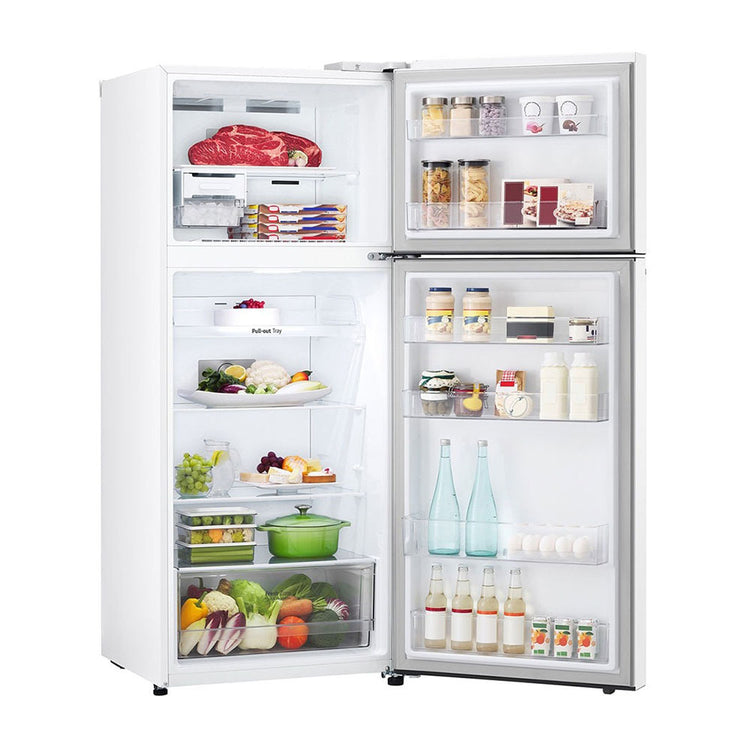 LG 375L Top Mount Fridge White GT-5W, Front right view with open doors, a view full of food items, and bottles