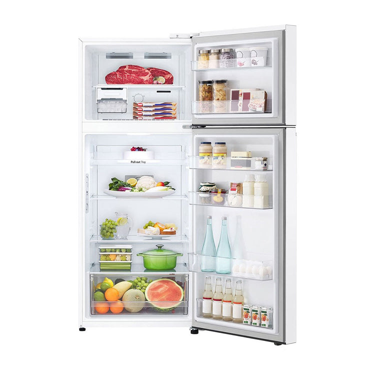 LG 375L Top Mount Fridge White GT-5W, Front view with open doors, a view full of food items, and bottles