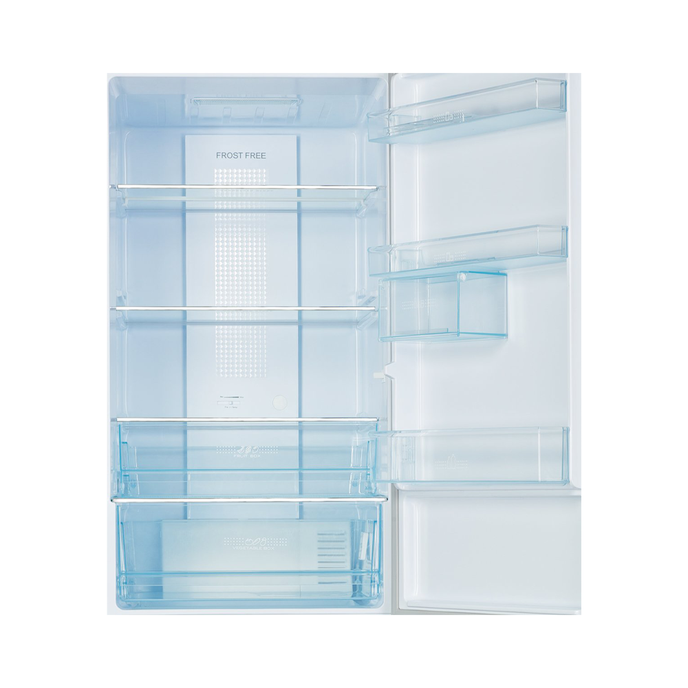 Haier 342L Bottom Mount Fridge White HBM340WH1, Glass shelf and vegetable crisper drawer view