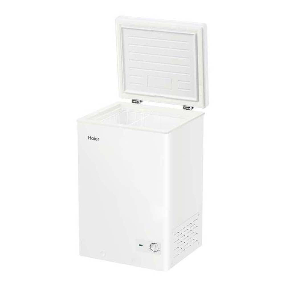 Haier HCF137W 137L Hybrid Chest Freezer White, Front left view with open top