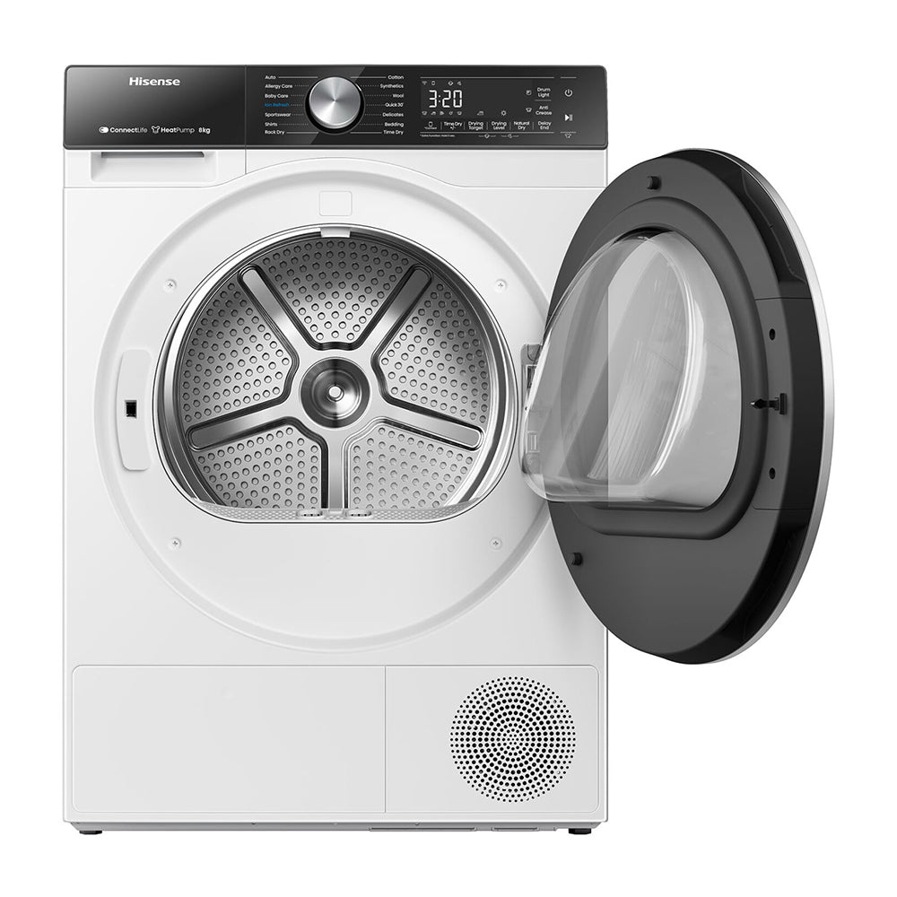 Hisense 8kg Series 5 Heat Pump Dryer HDFS80HE, Front view with door open