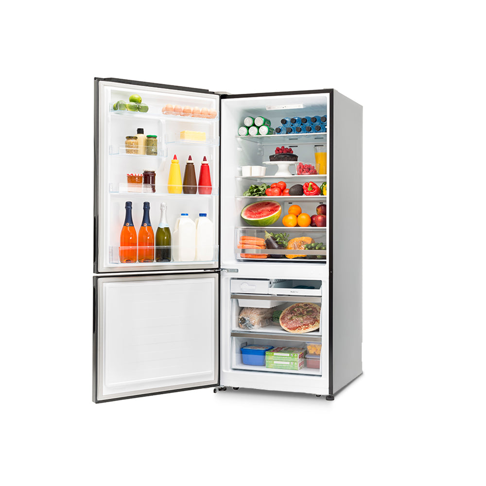 Hisense 453L Bottom Mount Fridge Black HR6BMFF453C, Front view with doors open, full of food items, and bottles