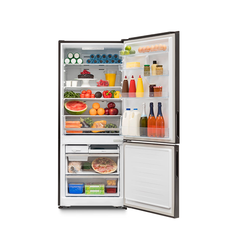 Hisense 453L Bottom Mount Fridge Black HR6BMFF453C, Front view with doors open, full of food items, and bottles