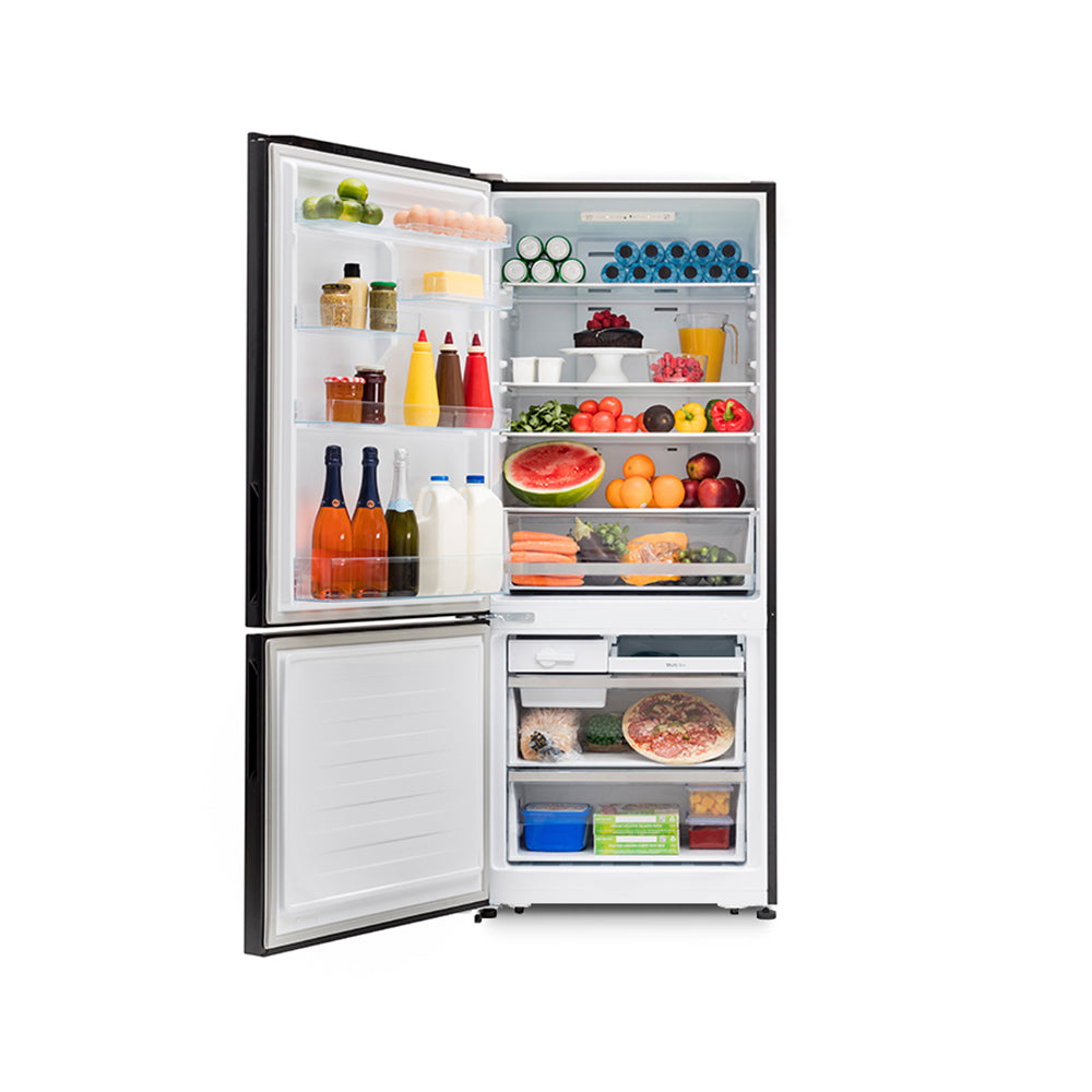 Hisense 453L Bottom Mount Fridge Black HR6BMFF453C, Front view with doors open, full of food items, and bottles