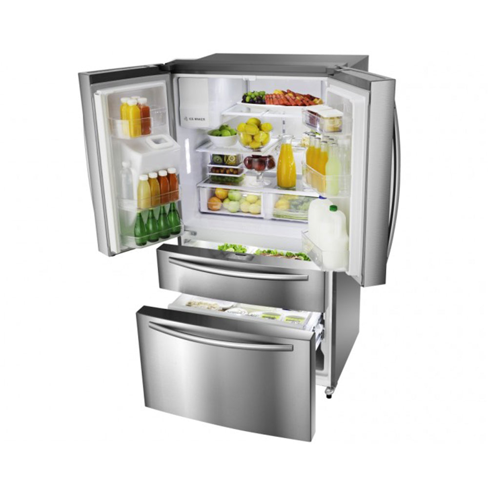 Hisense 701L French Door Fridge Stainless Steel HR6FDFF701SW, Top open, full of food items, and bottles