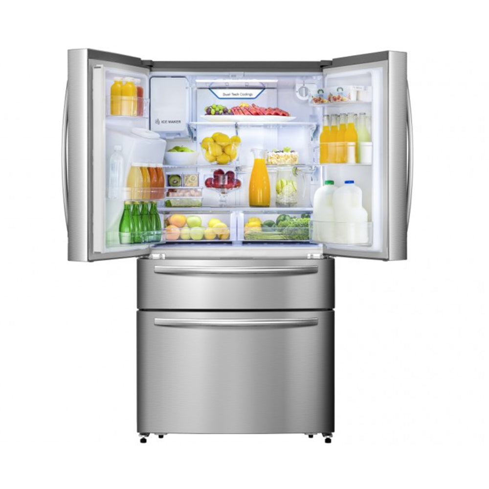 Hisense 701L French Door Fridge Stainless Steel HR6FDFF701SW, Top open, full of food items, and bottles