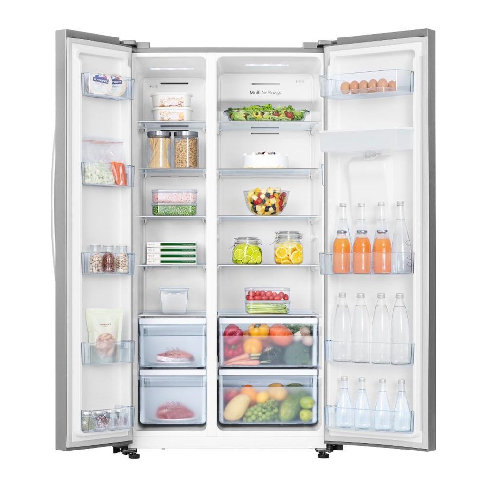 Hisense HR6SBSFF624SW 624L Side By Side Fridge, Front view with doors open, full of food items, and bottles