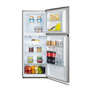 Hisense 223L Top Mount Fridge White HR6TFF223S, Front view with open doors, full of food items, and bottles