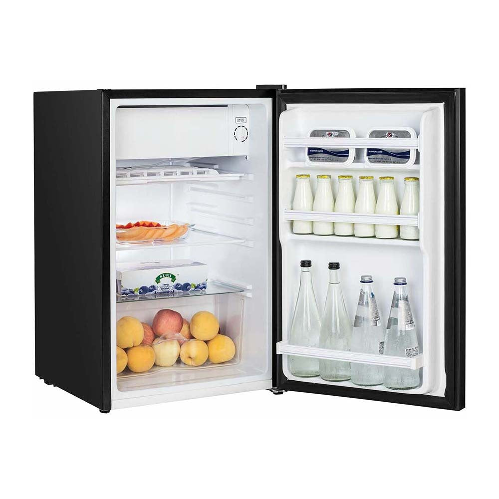Hisense 120L Bar Fridge Black HRBF121B,  Front right view with door open, full of food items, and bottles