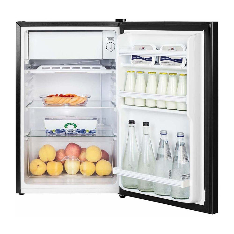 Hisense 120L Bar Fridge Black HRBF121B, Front view with door open, full of food items, and bottles