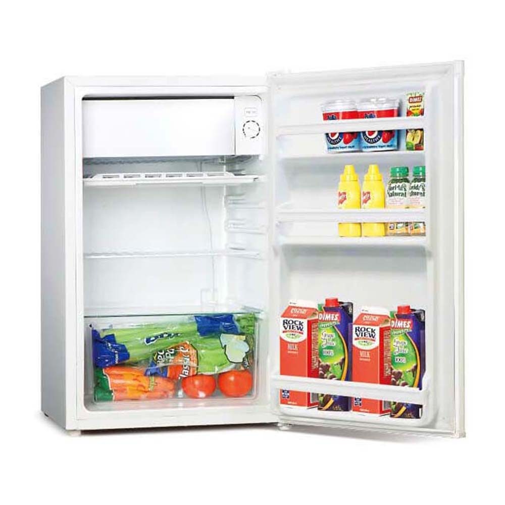Hisense 119L Bar Fridge White HRBF121, Front right view with door open, full of food items, and bottles