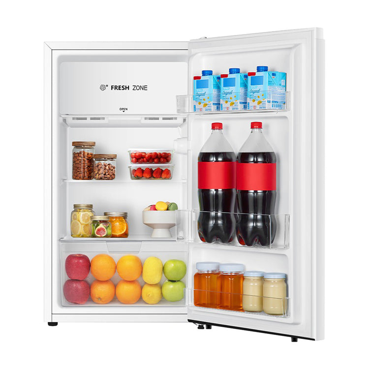 Hisense HRBF125 125L Bar Fridge White, Front view with door open, full of food items, and bottles