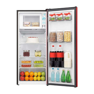 Hisense HRBF179R 179L Bar Fridge Fridge Red, Front view with door open, full of food items, and bottles