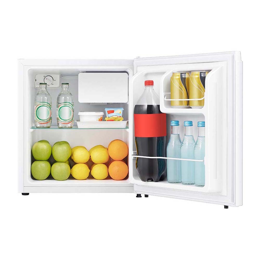 Hisense HRBF45 45L Bar Fridge White, Front view with door open, full of food items, and bottles