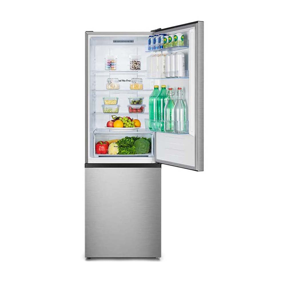 Hisense 312L Bottom Mount Fridge Silver HRBM321S, Top open, full of food items, and bottles