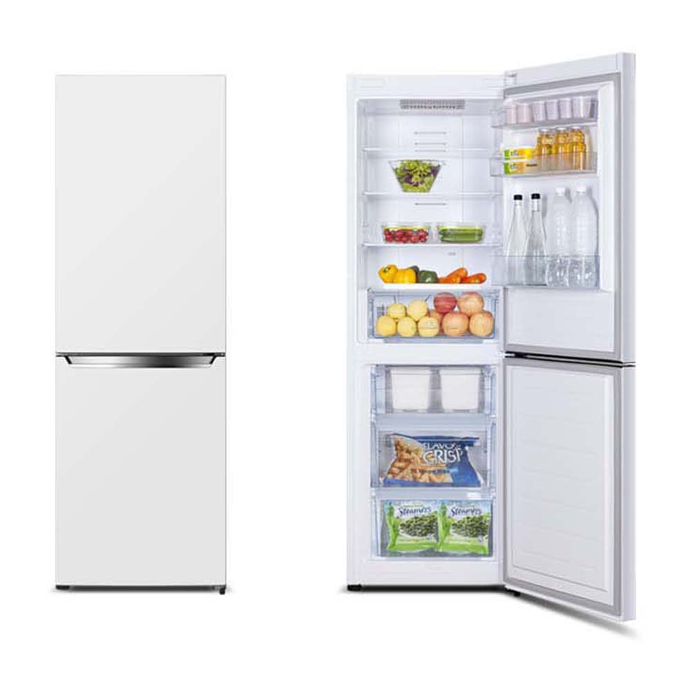 Hisense 312L Bottom Mount Fridge White HRBM321, Front view with doors open, full of food items, and bottles