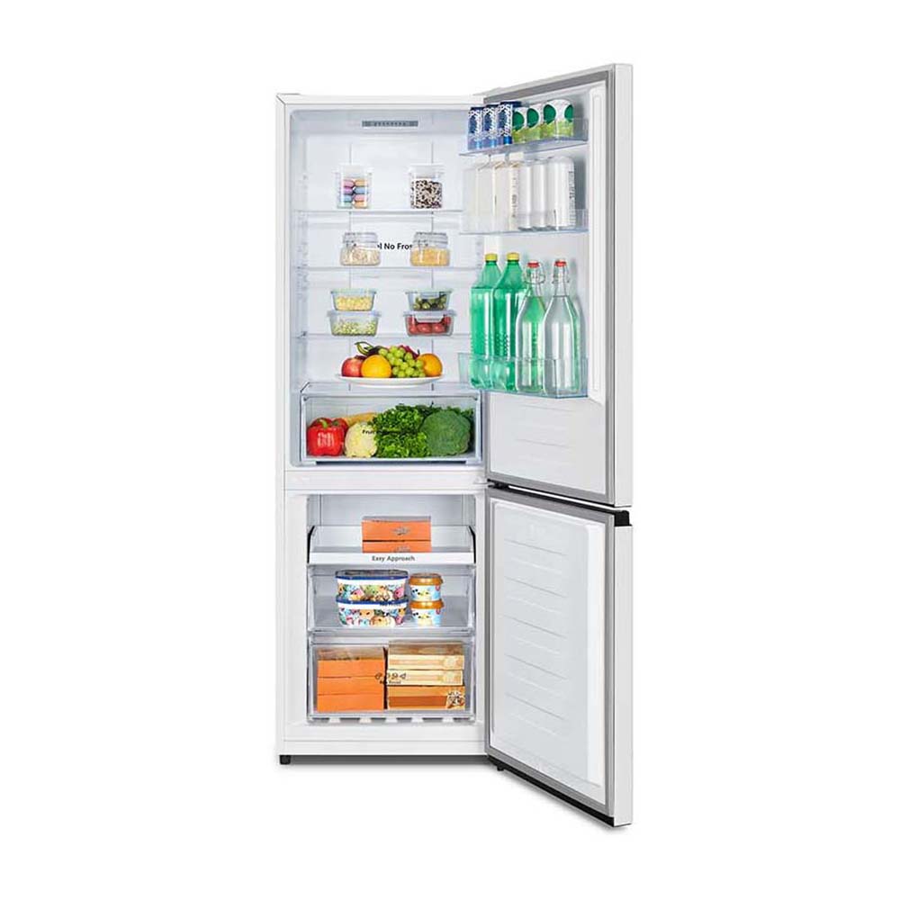 Hisense 312L Bottom Mount Fridge White HRBM321, Front view with doors open, full of food items, and bottles