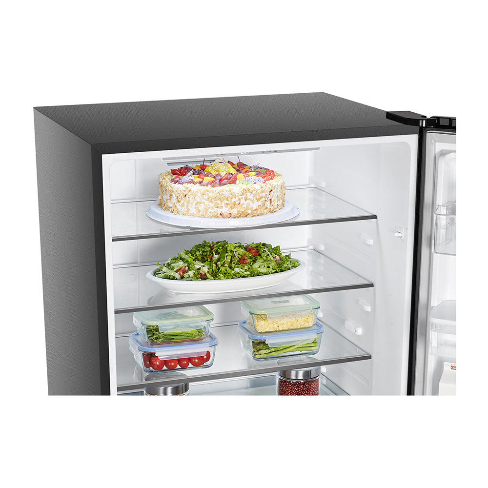 Hisense 482L PureFlat Bottom Mount Refrigerator HRBM482BW, Glass shelf view with food