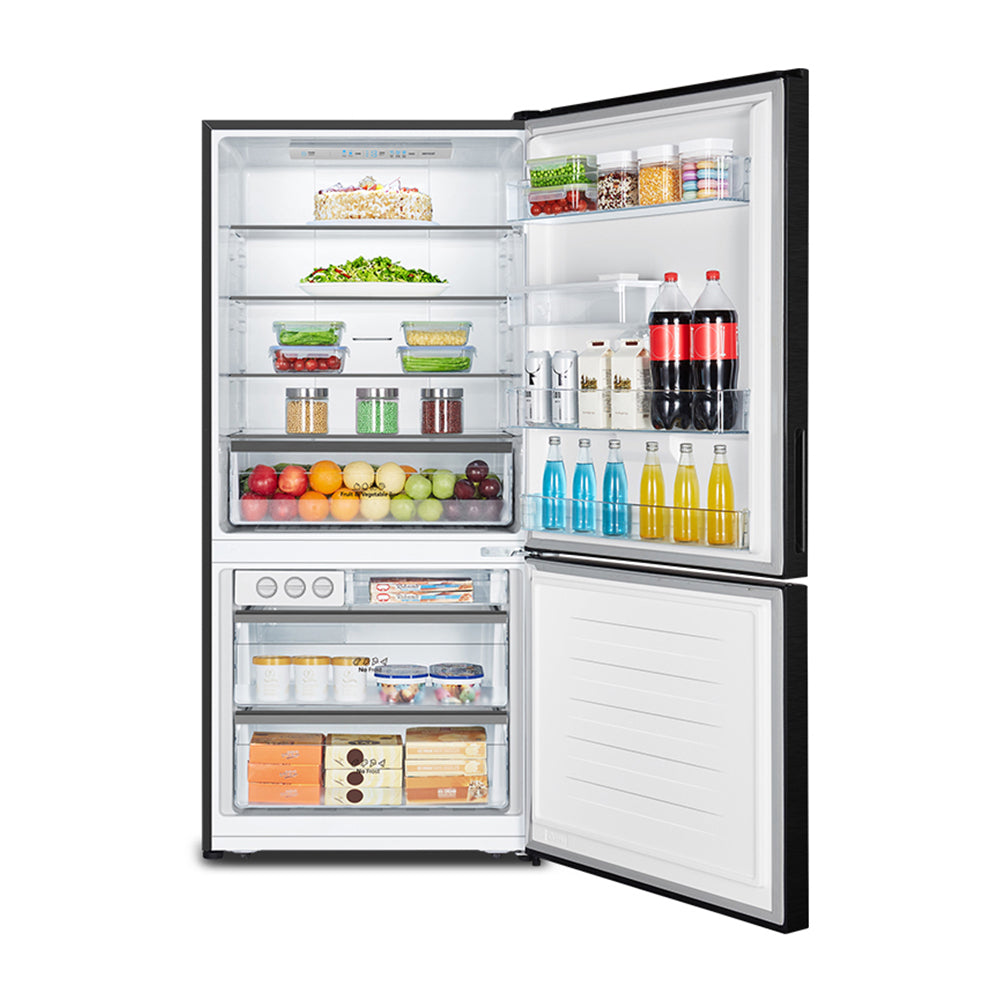 Hisense 482L PureFlat Bottom Mount Refrigerator HRBM482BW, Front view with door open  filled with groceries, food and drinks 