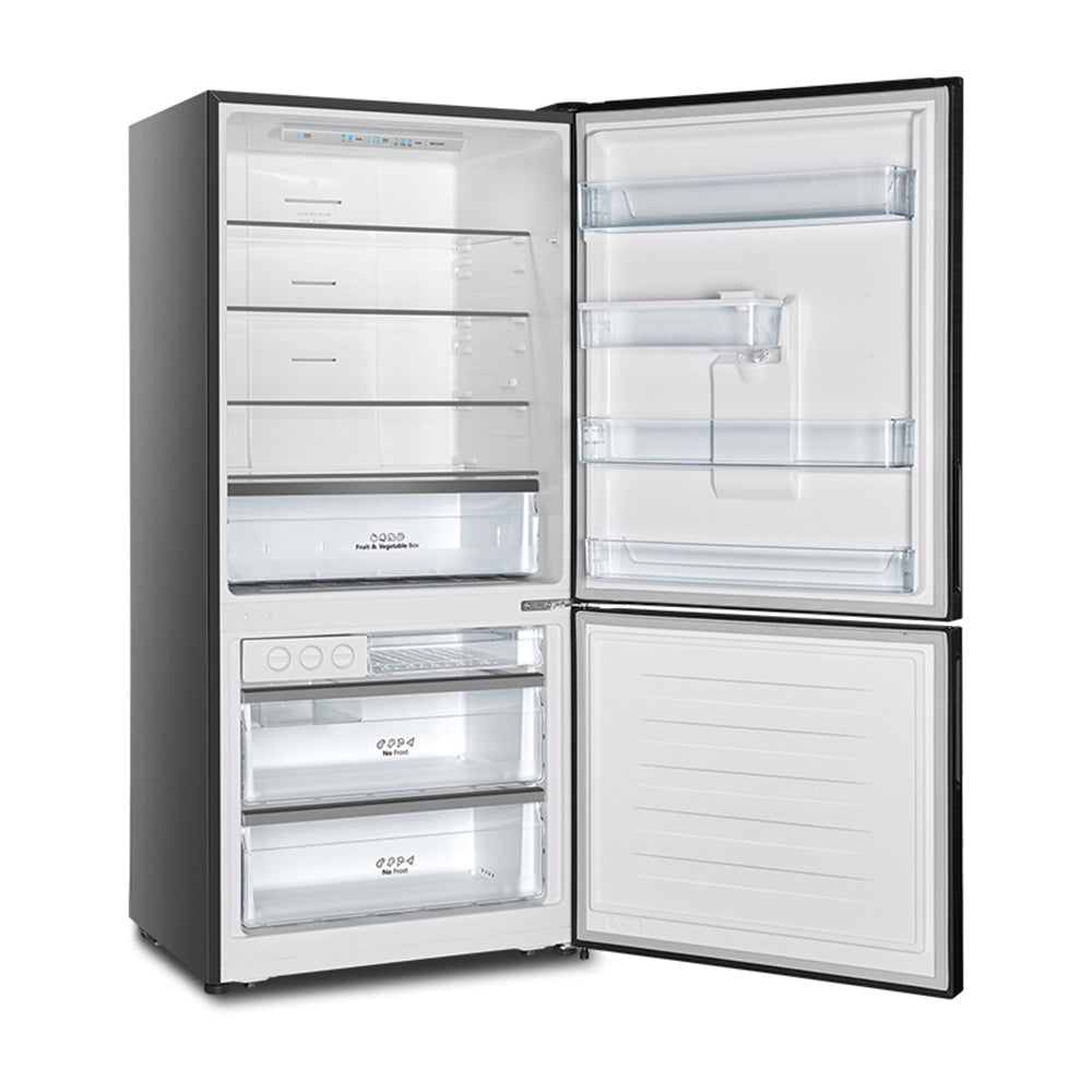 Hisense 482L PureFlat Bottom Mount Refrigerator HRBM482BW, Front right view with door open 2