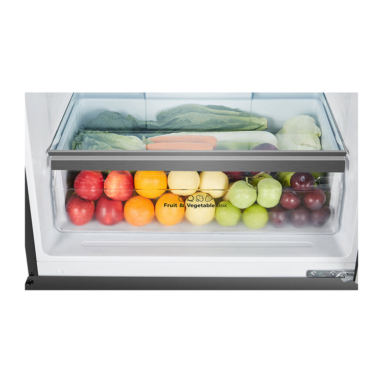 Hisense 482L PureFlat Bottom Mount Refrigerator HRBM482BW, Glass shelf and vegetable crisper drawer view, full of vegetables and fruits