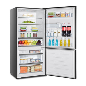 Hisense 482L PureFlat Bottom Mount Refrigerator HRBM482BW, Front right view with door open  filled with fruits, vegetables, and drinks