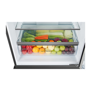 Hisense 482L PureFlat Bottom Mount Refrigerator HRBM482BW, Glass shelf and vegetable crisper drawer view, full of vegetables and fruits 2