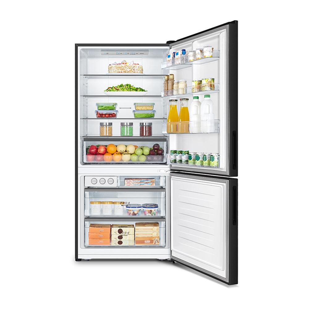 Hisense 483L PureFlat Bottom Mount Refrigerator HRBM483B, Front view door open, filled with groceries, food and drinks 