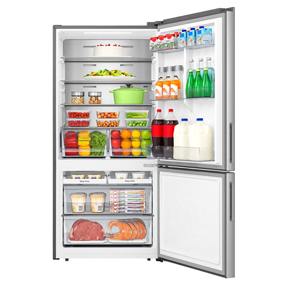 Hisense 503L Bottom Mount Fridge HRBM503S, Front view with door open  filled with groceries, food and drinks